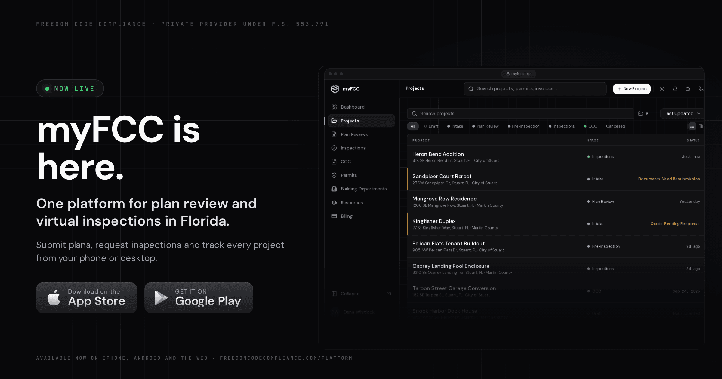 myFCC is now live: the myFCC Projects screen beside App Store and Google Play buttons, one platform for plan review and virtual inspections in Florida